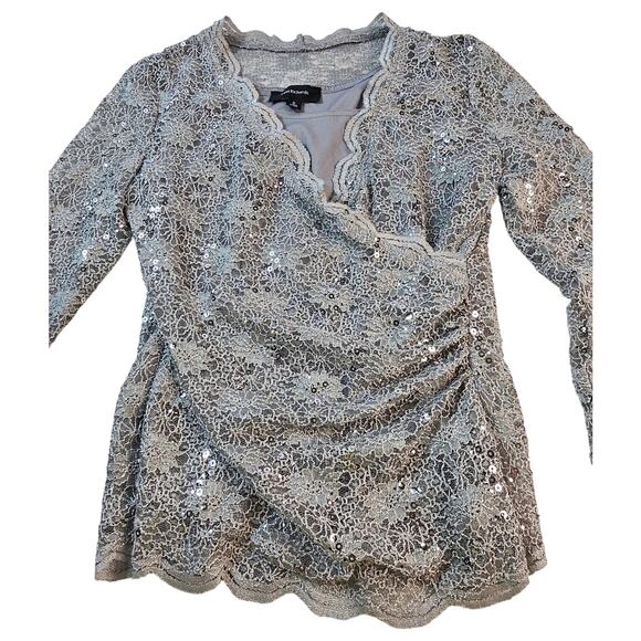 Purple grey faux wrap lace long sleeve layered blouse S USA made sequin sparkle - Picture 4 of 7